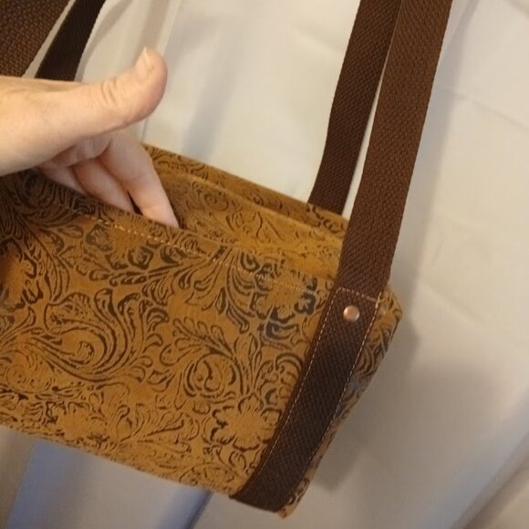 New Southwestern Velvet Tooled Brown Faux Leather Mini Duffle Tote Shoulder Bag - Picture 7 of 10